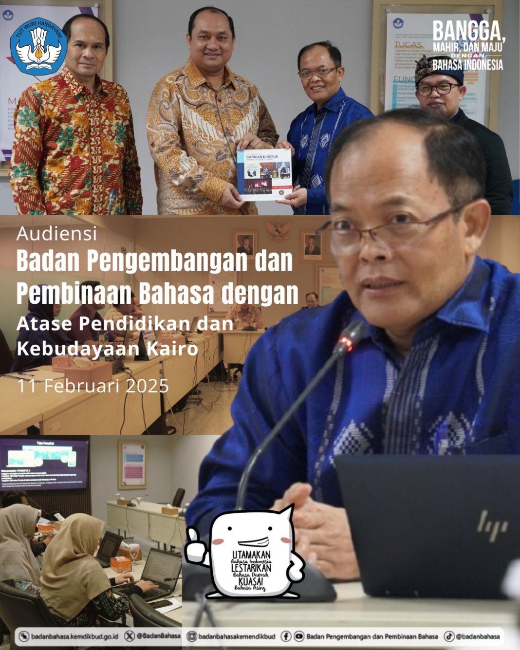 Kepala Badan Bahasa, Hafidz Muksin, bersama Atase Pendidikan dan Kebudayaan Kairo, Abdul Muta’ali, dalam audiensi membahas penguatan kerja sama pengajaran bahasa Indonesia di Mesir. Jakarta, Selasa (11/2/2025). (Dok/Kemendikdasmen)