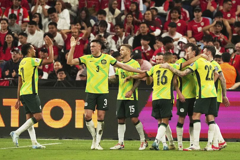 Timnas Australia merayakan gol Jackson Irvine ke gawang Timnas Indonesia, Kamis (20/3/2025).