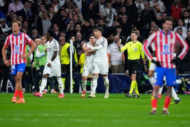 Selebrasi Brahim Diaz dalam laga Liga Champions antara Real Madrid vs Atletico Madrid, Rabu (5/3/2025).