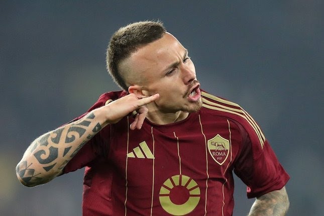 Selebrasi Angelino dalam laga Liga Europa antara AS Roma vs Athletic Bilbao, Jumat (7/3/2025).