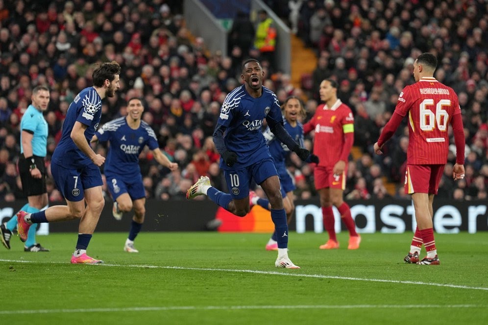 Selebrasi Ousmane Dembele dalam laga Liga Champions antara Liverpool vs PSG, Rabu (12/3/2025).