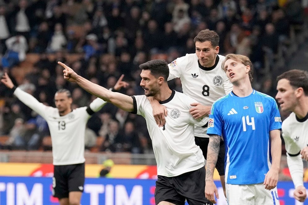 Selebrasi Tim Kleindienst dalam laga UEFA Nations League antara Italia vs Jerman, Jumat (21/3/2025).