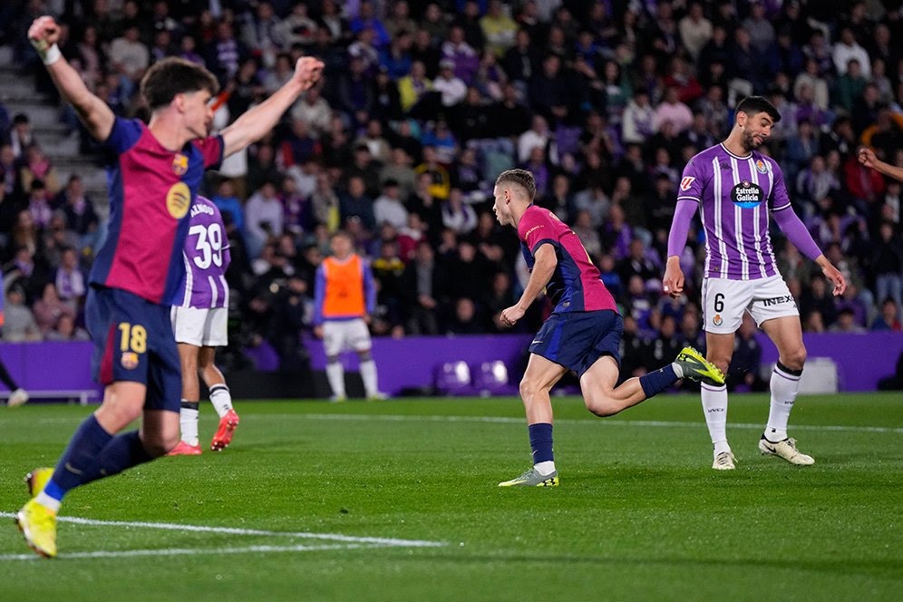 Momen selebrasi Fermin Lopez di laga Real Valladolid vs Barcelona, La Liga 2024/2025.