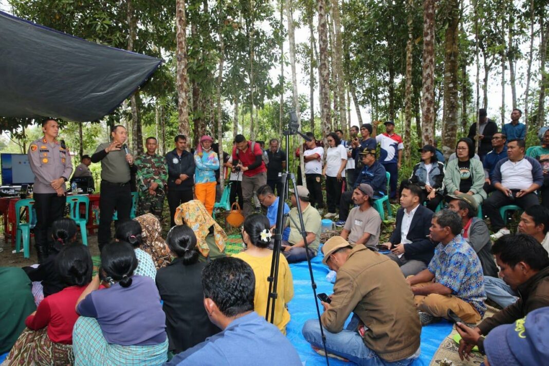Bupati Taput JTP Hutabarat bersama rombongan berbaur di lokasi kebun warga di Desa Banuaji 4 Adian Koting sekaligus mengikuti rapat secara daring yang dipimpin Ketua DEN Luhut Binsar, Jumat (23/5/2025).