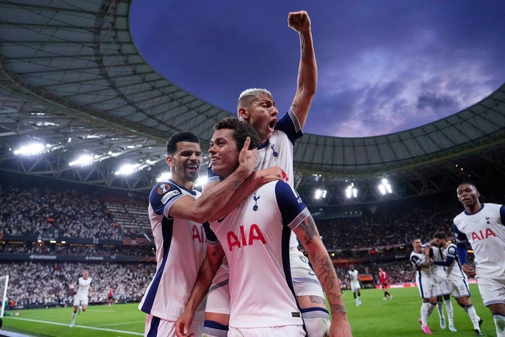 Selebrasi Brennan Johnson dkk dalam laga Tottenham vs Manchester United di final Liga Europa 2024/2025, Kamis (22/5/2025).